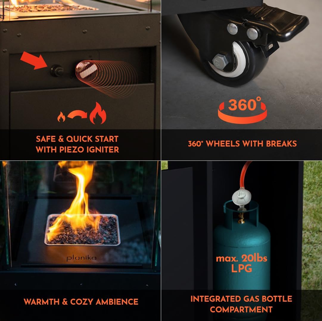 Planika Faro Patio Gas Heater Black Portable Standalone Decorative Propane Heater for Your Garden and Patio