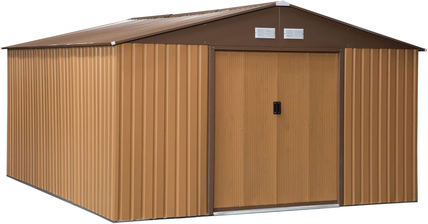 Outsunny Casetta da Giardino 4.9 m² con Fondazione, 4 Prese d'Aria e 2 Porte Scorrevoli, Capanno Porta Attrezzi in Lamiera d'Acciaio, 277x195x192 cm, Giallo