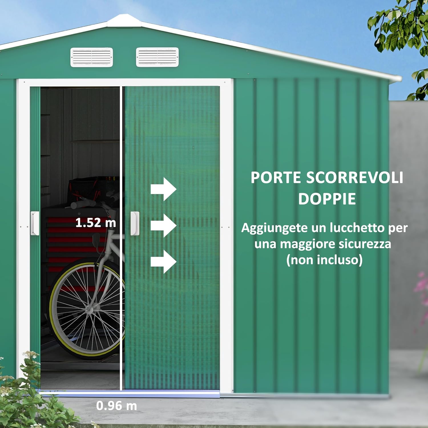 Outsunny Casetta da Giardino 4.9 m² con Fondazione, 4 Prese d'Aria e 2 Porte Scorrevoli, Capanno Porta Attrezzi in Lamiera d'Acciaio, 277x195x192 cm, Giallo