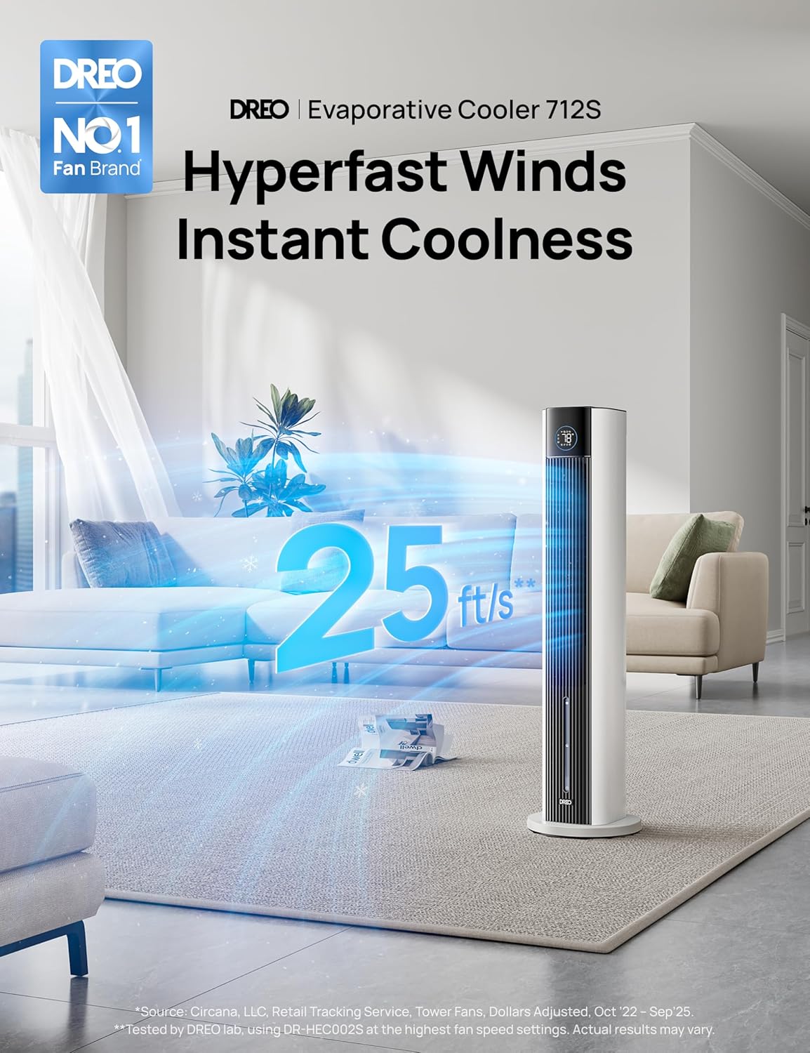DREO Ventilatore a torre con raffreddamento ad acqua, raffrescatore da 110 cm, silenzioso, 4 velocità, 4 modalità, evaporativo, controllo tramite app, ghiaccio incluso, oscillazione a 80°, timer 12H, bianco
