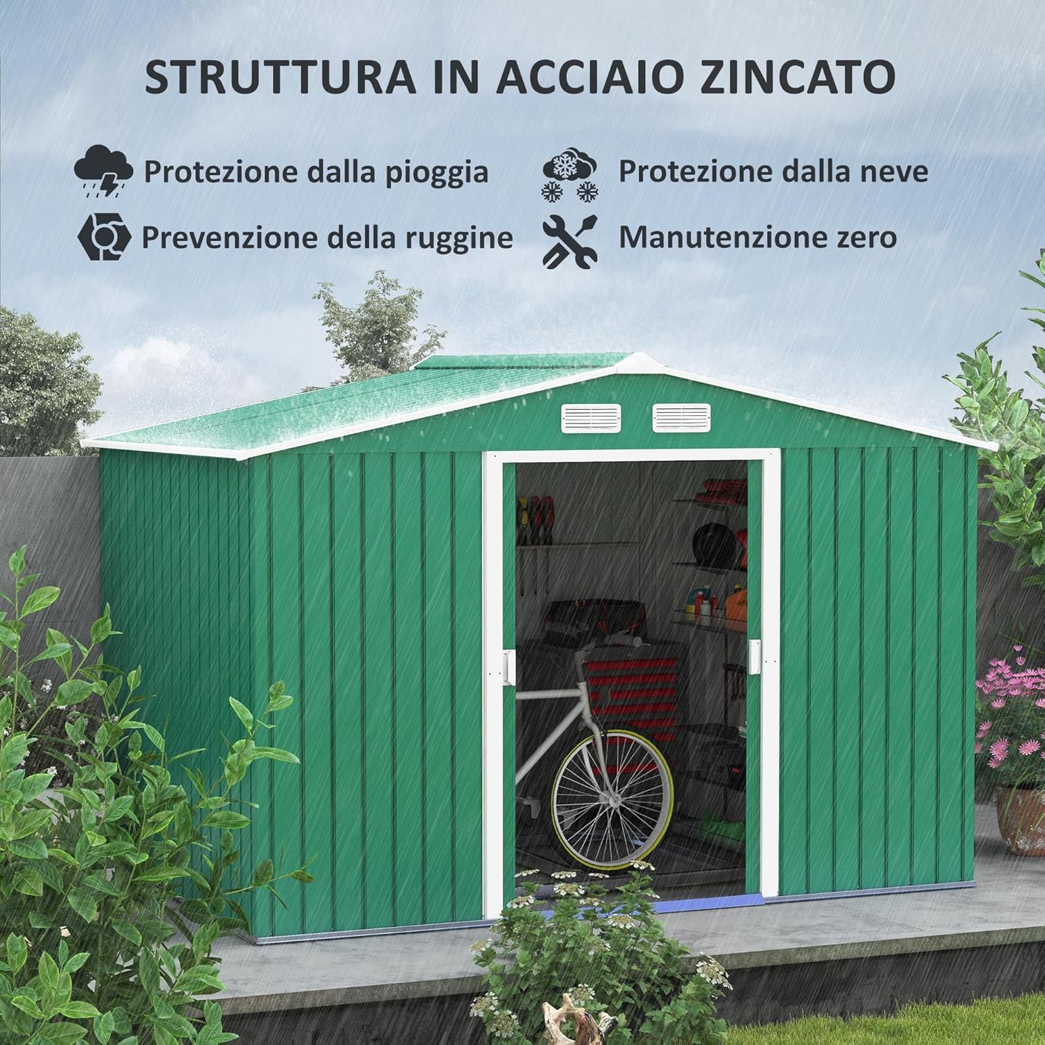 Outsunny Casetta da Giardino 4.9 m² con Fondazione, 4 Prese d'Aria e 2 Porte Scorrevoli, Capanno Porta Attrezzi in Lamiera d'Acciaio, 277x195x192 cm, Giallo
