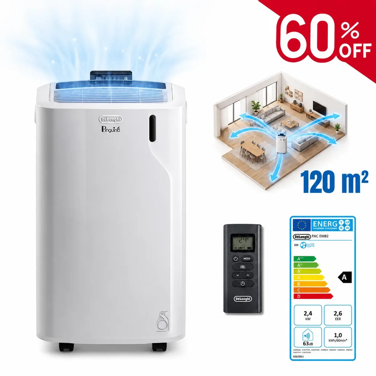 De'Longhi Pinguino 4 in 1: condizionatore, riscaldatore, deumidificatore e ventilatore.